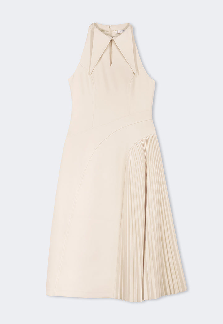 Choice Pointed Collar Pleated Maxi Dress Beige