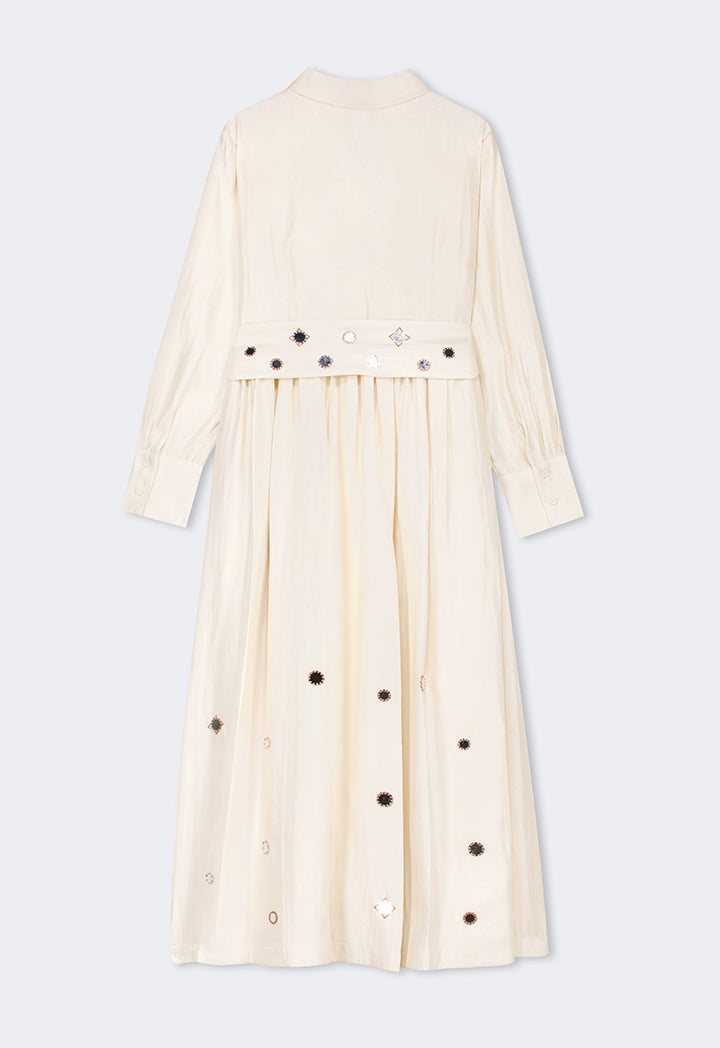 Choice Mirror Embroidered Belted Maxi Dress Beige