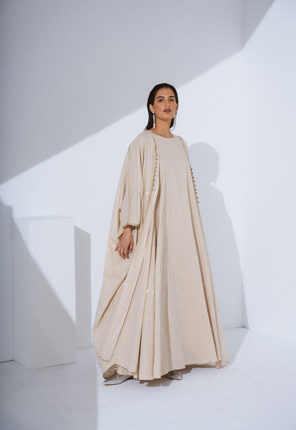 Choice Oversized Belted Sequin Maxi Abaya Beige