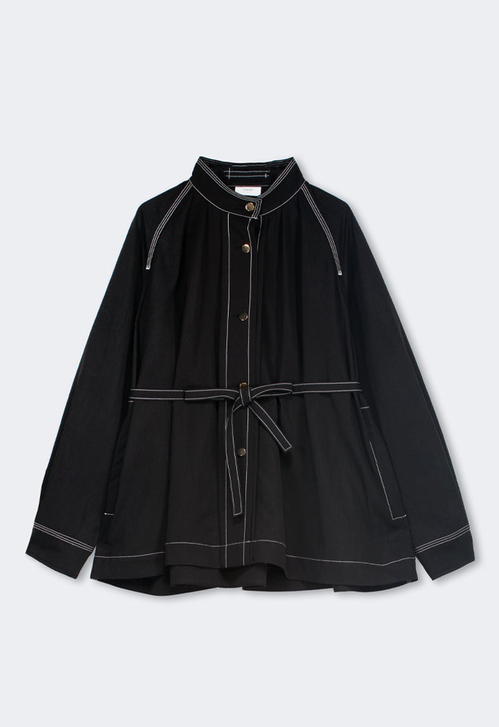 Choice Solid Relaxed Fit Belted Jacket Black