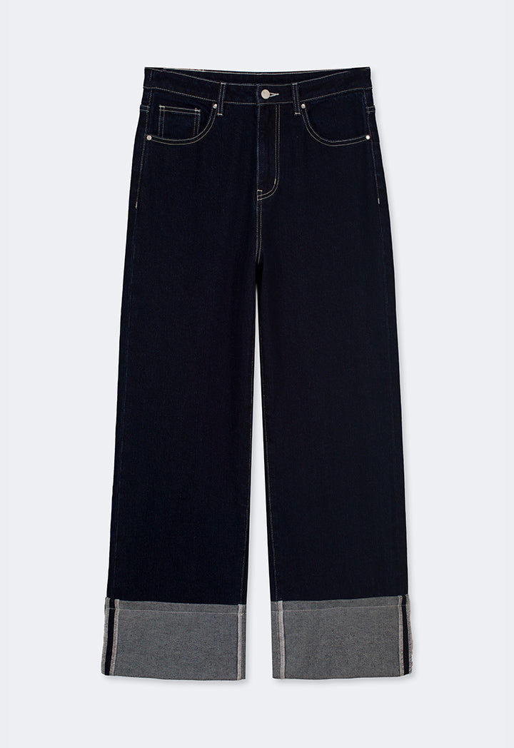 Choice Folded Hem Wide Leg Denim Trousers Indigo