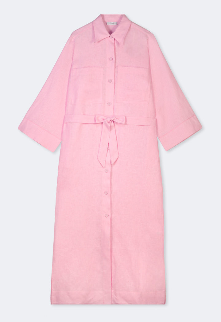 Choice Solid Front Pockets Belted Shirt Dress Pink