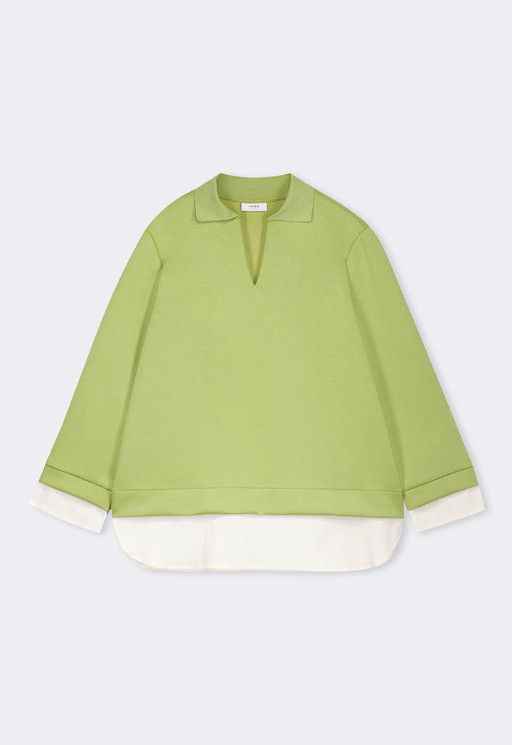 Choice Long Sleeve Contrast Blouse Green