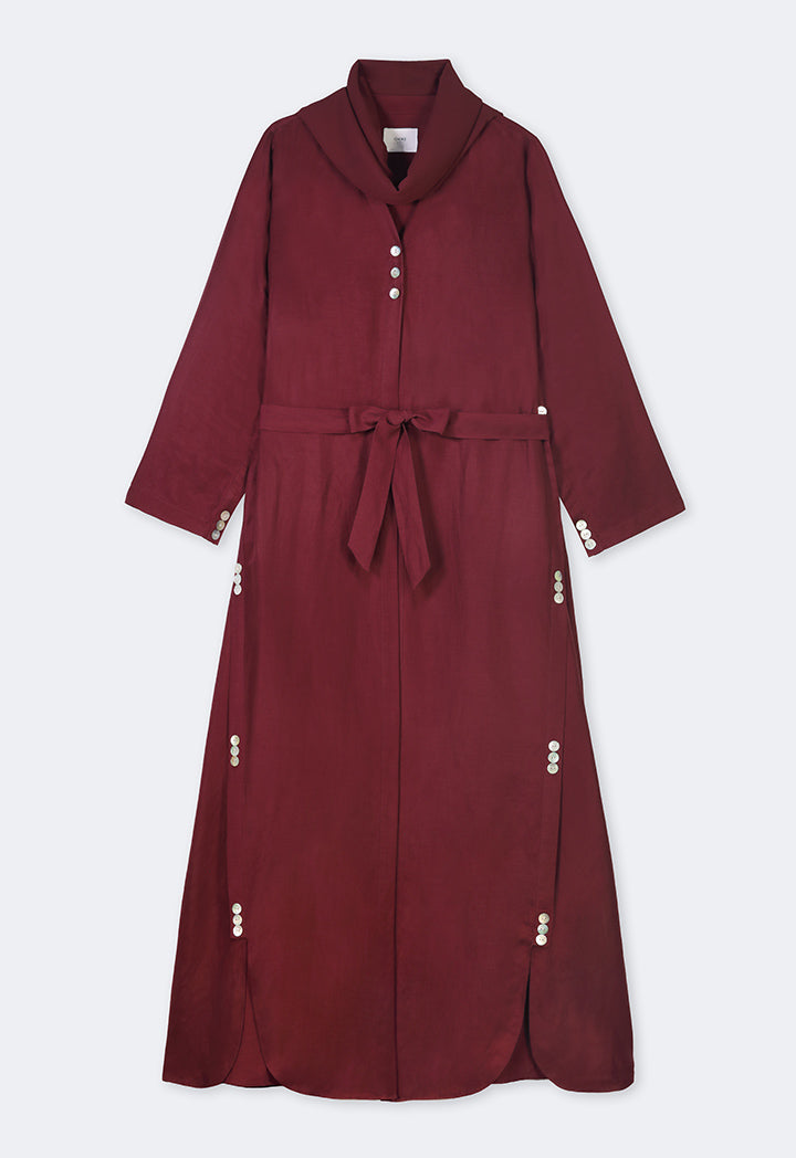 Choice Solid Oversized Maxi Belted Abaya With Hijab Burgundy