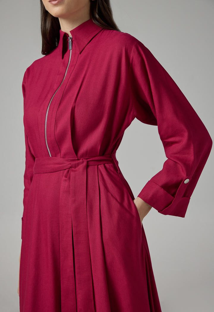 Choice Solid Belted Flared Dress Fuchsia