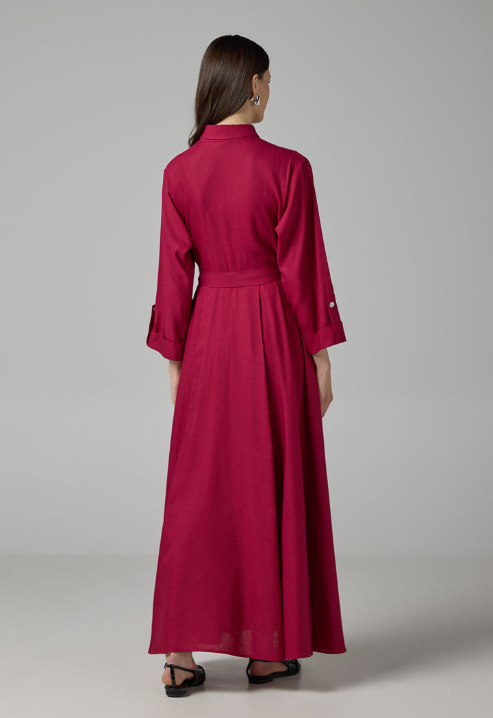 Choice Solid Belted Flared Dress Fuchsia