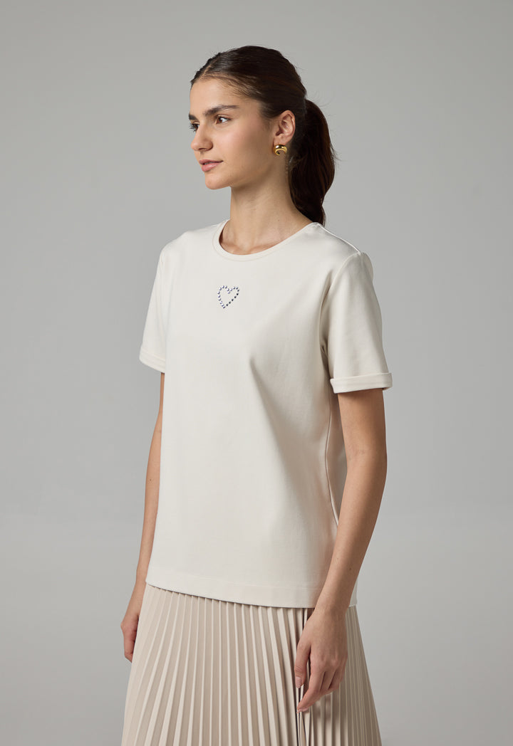 Choice Crystal Embellished Solid T-Shirt Beige
