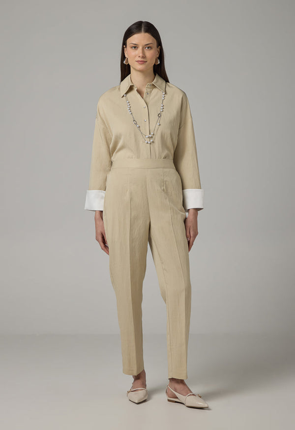 Choice Elastic Waist Basic Trousers Beige