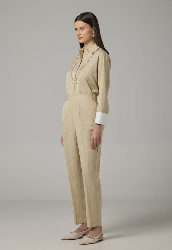 Choice Elastic Waist Basic Trousers Beige