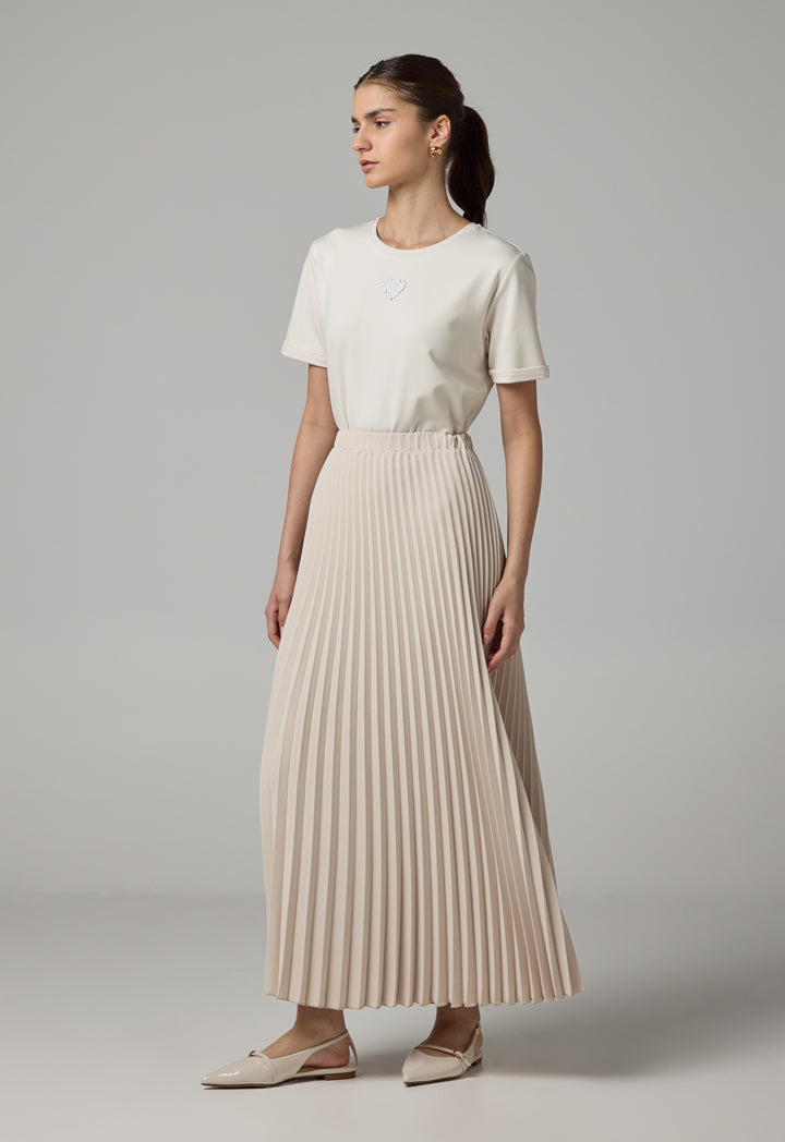 Choice Solid Pleated Maxi Skirt Cream