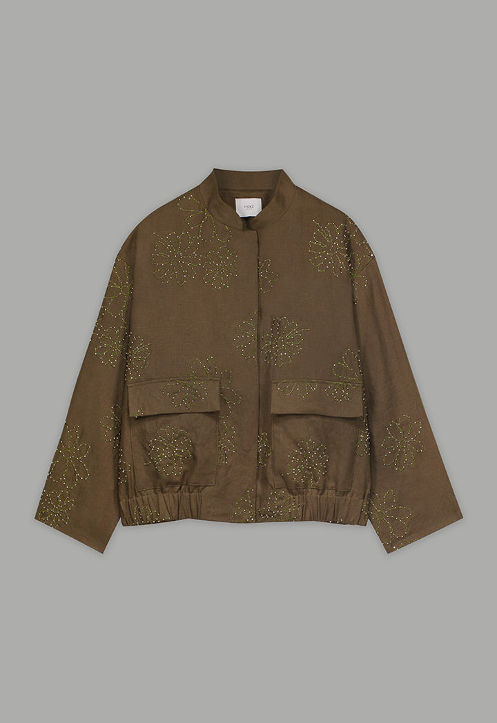 Choice Floral Embroidered Linen Jacket Khaki