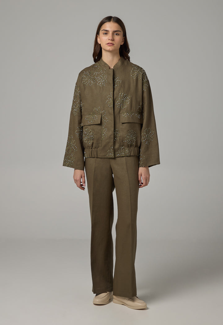 Choice Floral Embroidered Linen Jacket Khaki