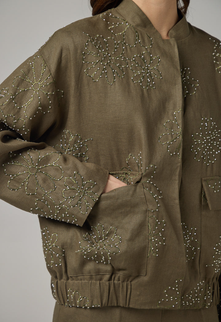 Choice Floral Embroidered Linen Jacket Khaki