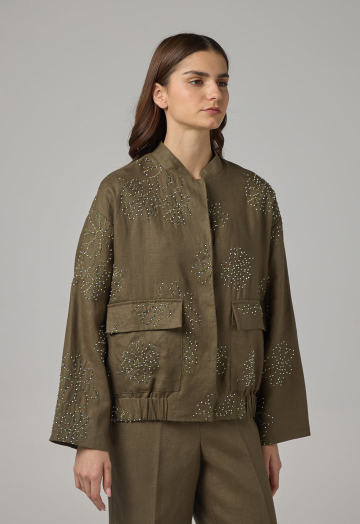 Choice Floral Embroidered Linen Jacket Khaki
