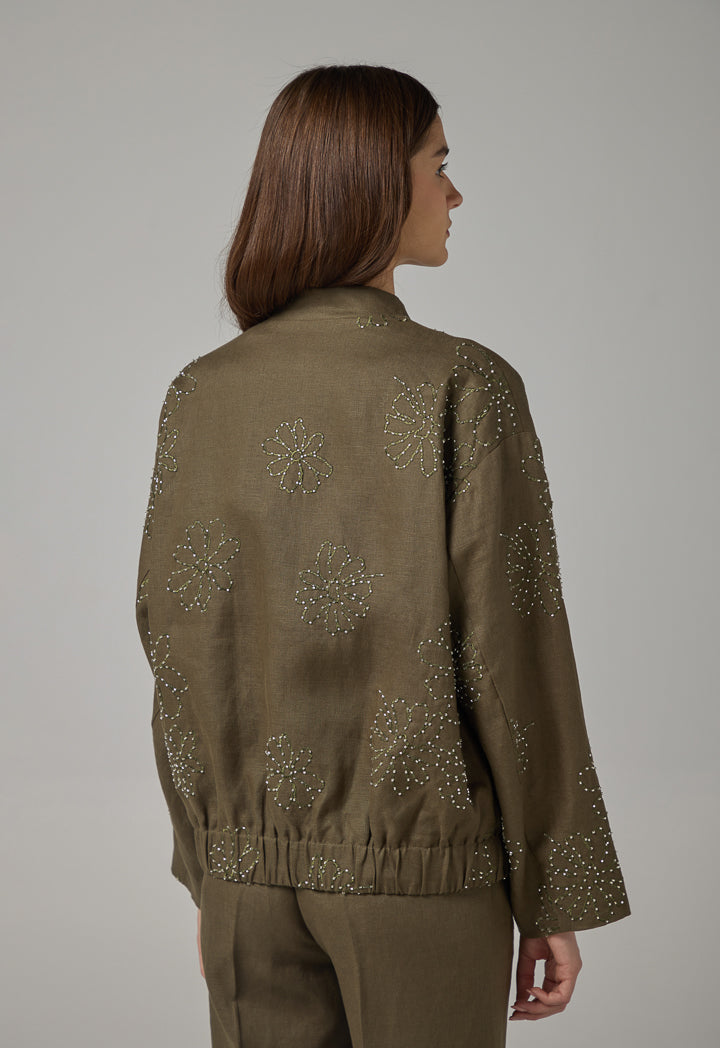Choice Floral Embroidered Linen Jacket Khaki