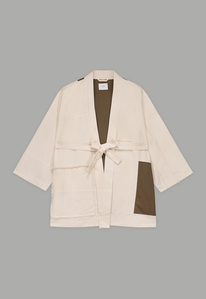 Choice Contrast Belted Denim Kimono Off White