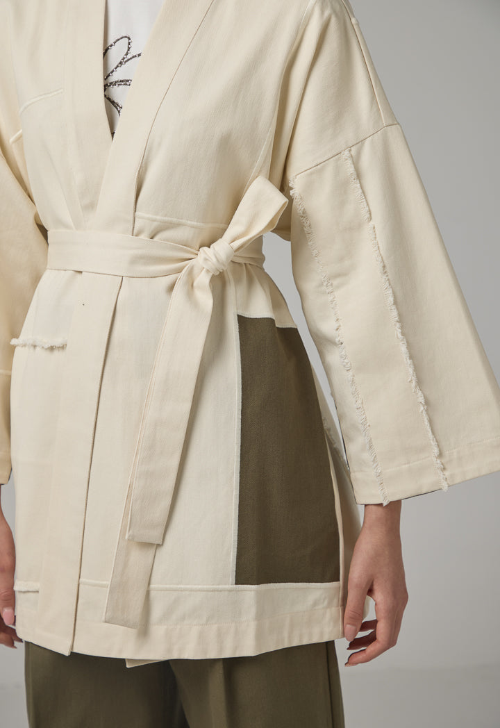 Choice Contrast Belted Denim Kimono Off White