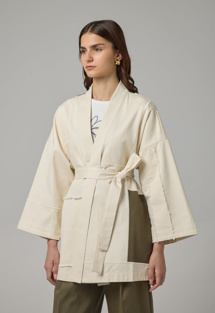 Choice Contrast Belted Denim Kimono Off White