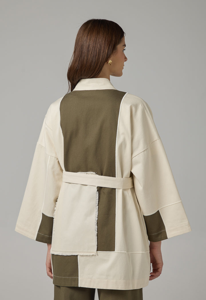 Choice Contrast Belted Denim Kimono Off White
