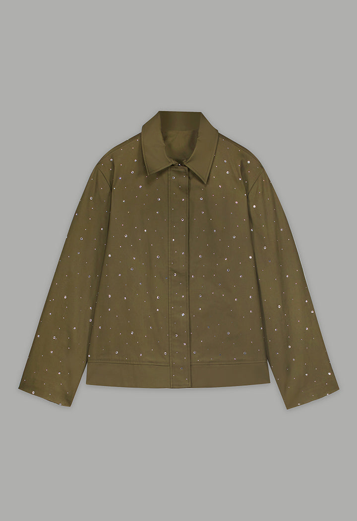 Choice Solid Crystal Embellished Jacket Khaki