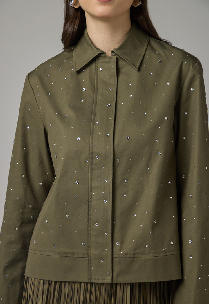 Choice Solid Crystal Embellished Jacket Khaki