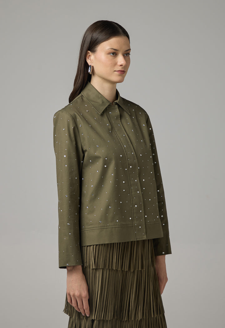 Choice Solid Crystal Embellished Jacket Khaki