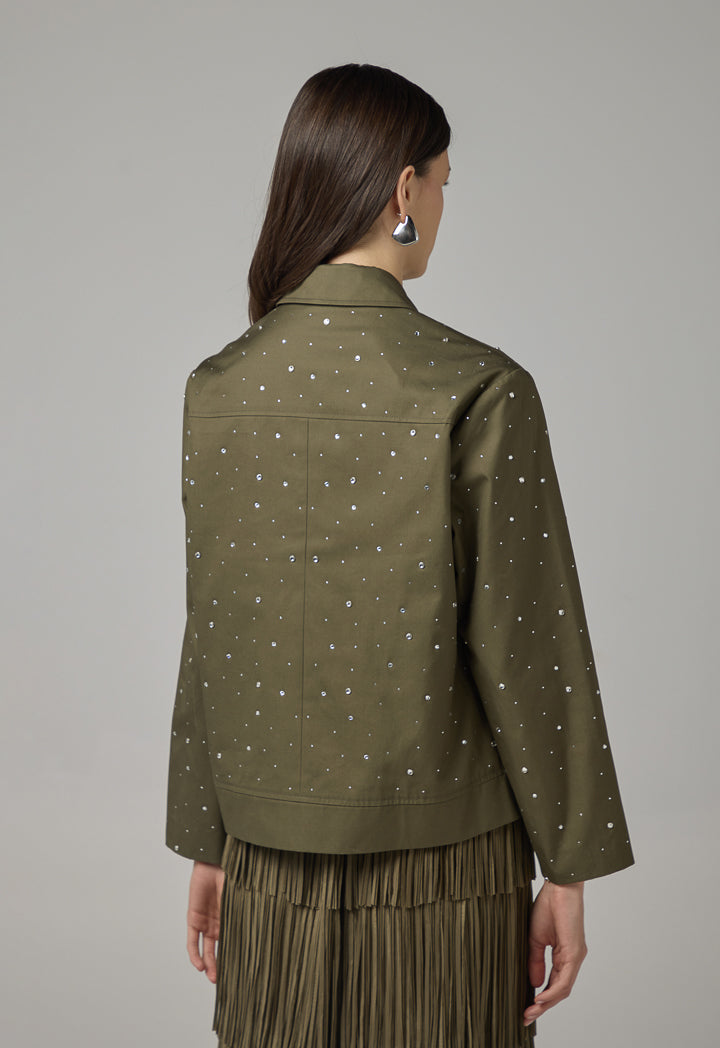 Choice Solid Crystal Embellished Jacket Khaki