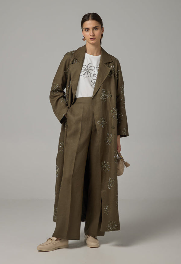Choice Floral Embroidered Linen Coat Khaki