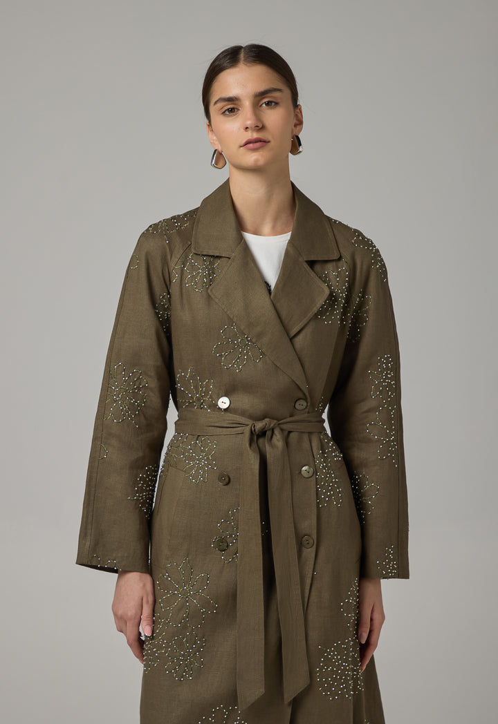 Choice Floral Embroidered Linen Coat Khaki