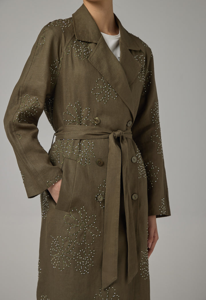 Choice Floral Embroidered Linen Coat Khaki