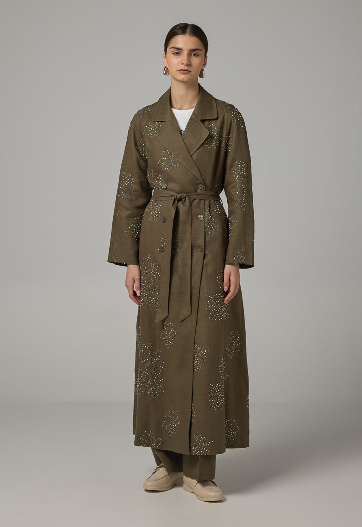 Choice Floral Embroidered Linen Coat Khaki
