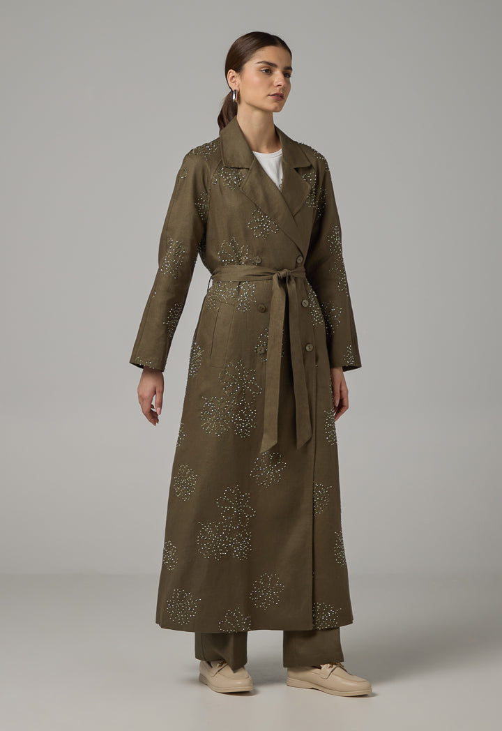 Choice Floral Embroidered Linen Coat Khaki