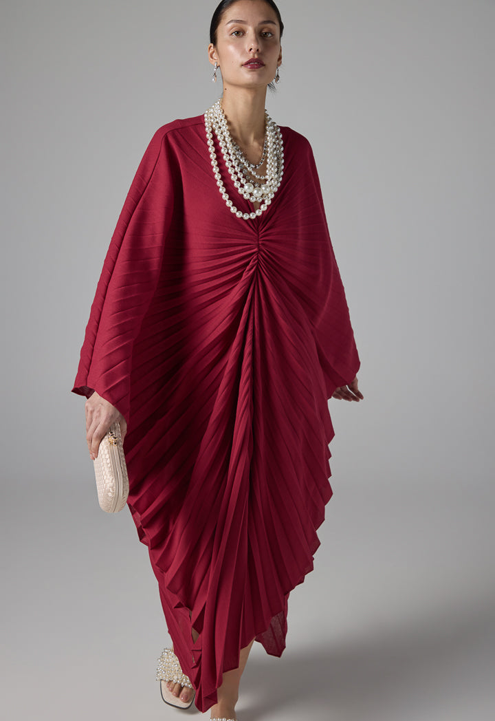 Choice Solid Pleated Dress Burgundy