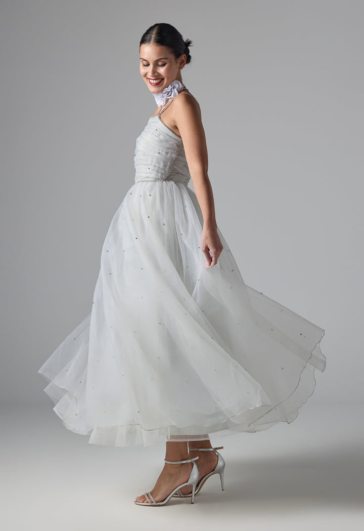Choice Multi-Layered Crystal Embellished Organza Dress Light Grey