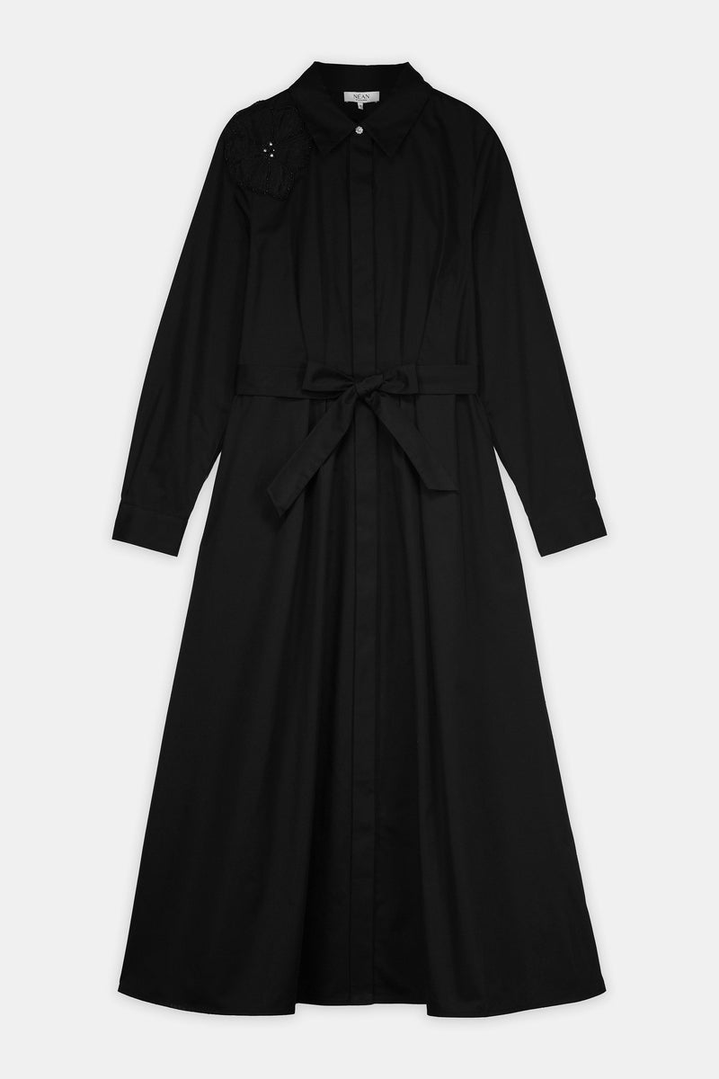 Nean Embellishment Belted Shirt Dress Black