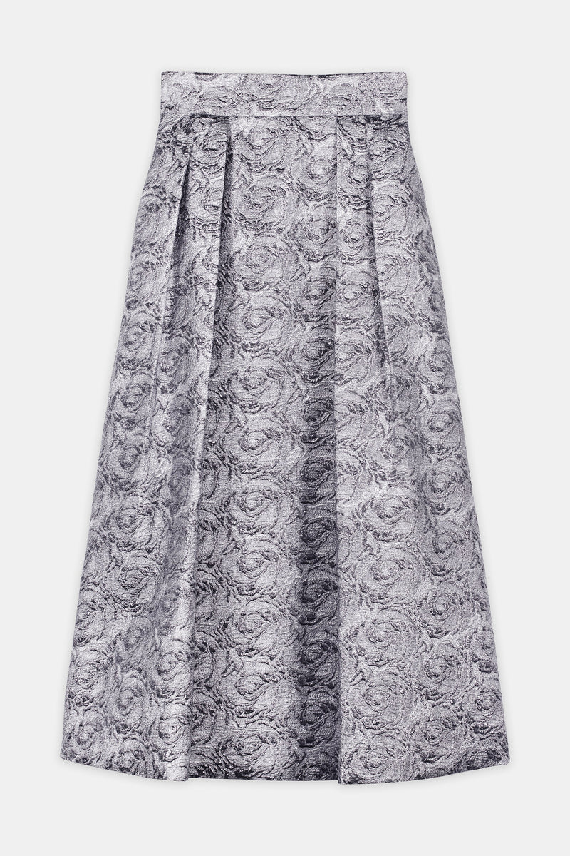 Nean Silver Brocade A-Line Midi Skirt Dark Silver
