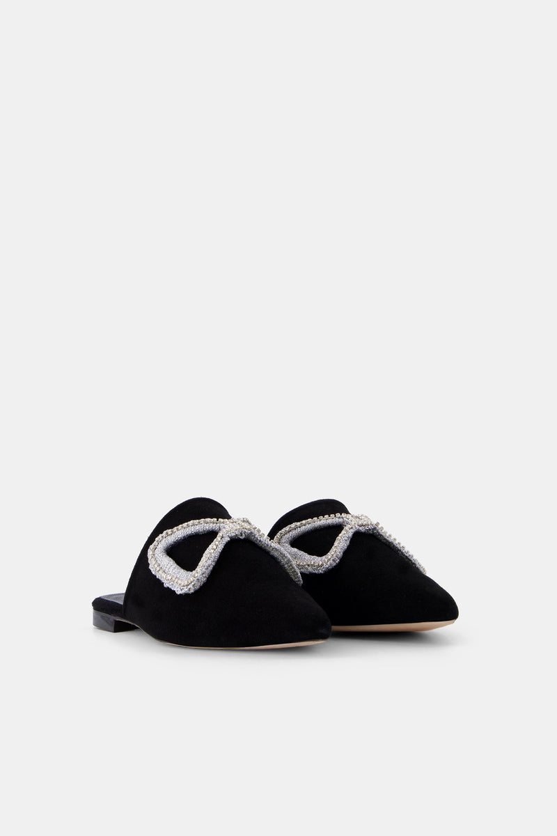 Nean Bow Detail Crystal Embellished Flat Mules  Black