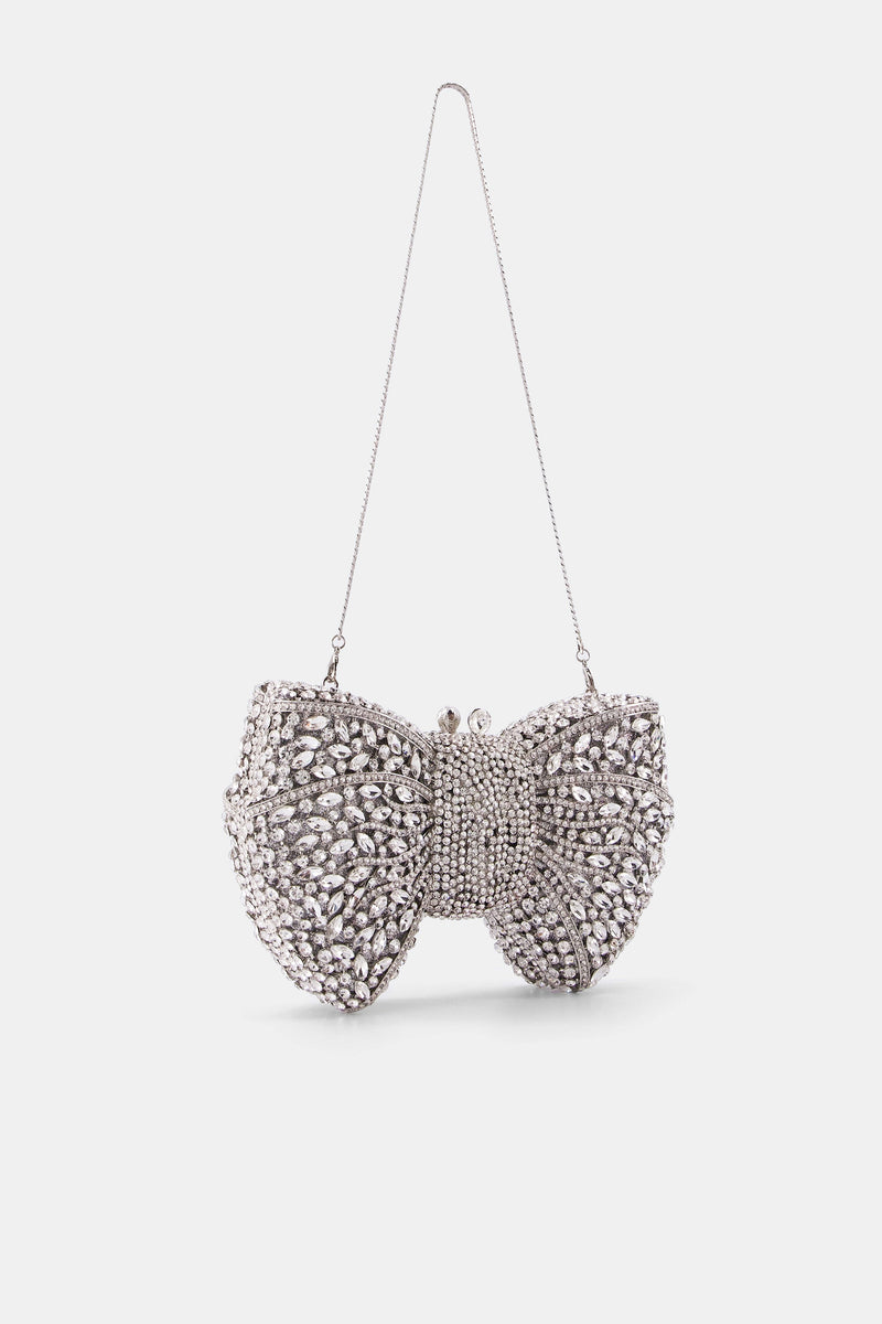 Nean Bow Clutch Bags Crystal Embellished Silver