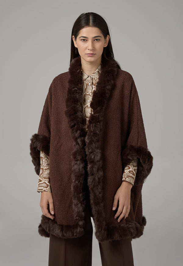 Choice Faux Fur Hems Poncho Brown