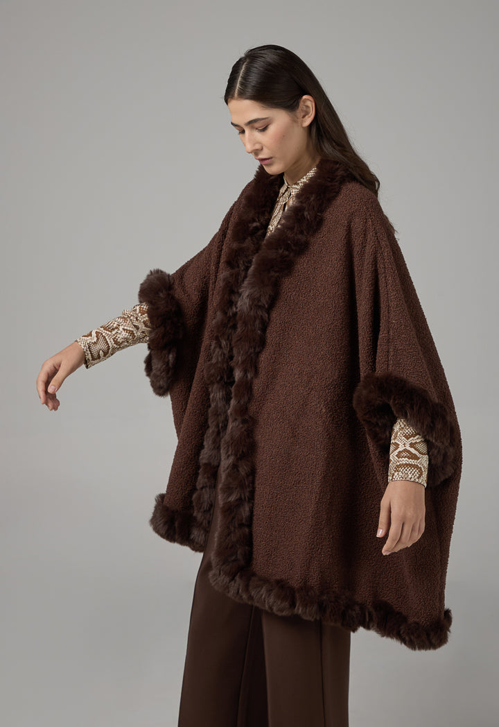 Choice Faux Fur Hems Poncho Brown