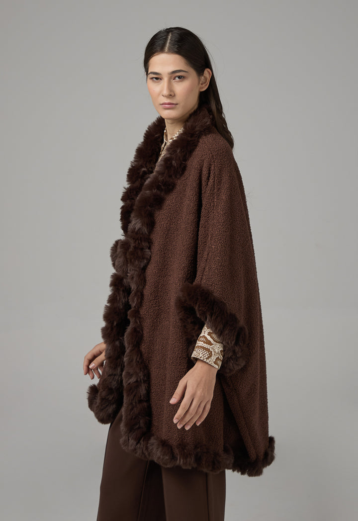 Choice Faux Fur Hems Poncho Brown