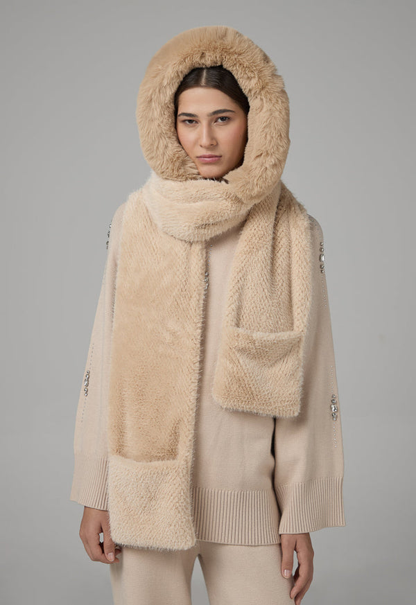 Choice Faux Fur Hooded Scarf Beige