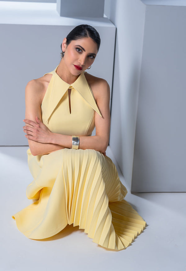 Choice Pointed Collar Pleated Maxi Dress Yellow