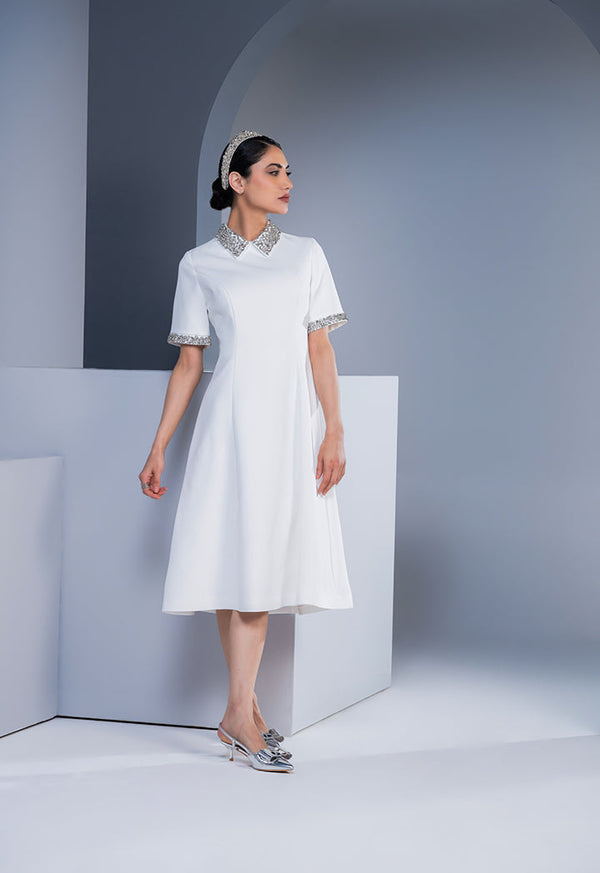 Choice Short Sleeves Midi Dress Off White