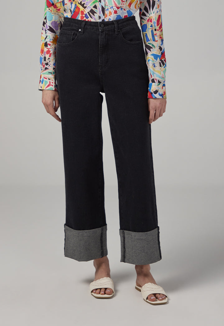 Choice Folded Hem Wide Leg Denim Trousers Black