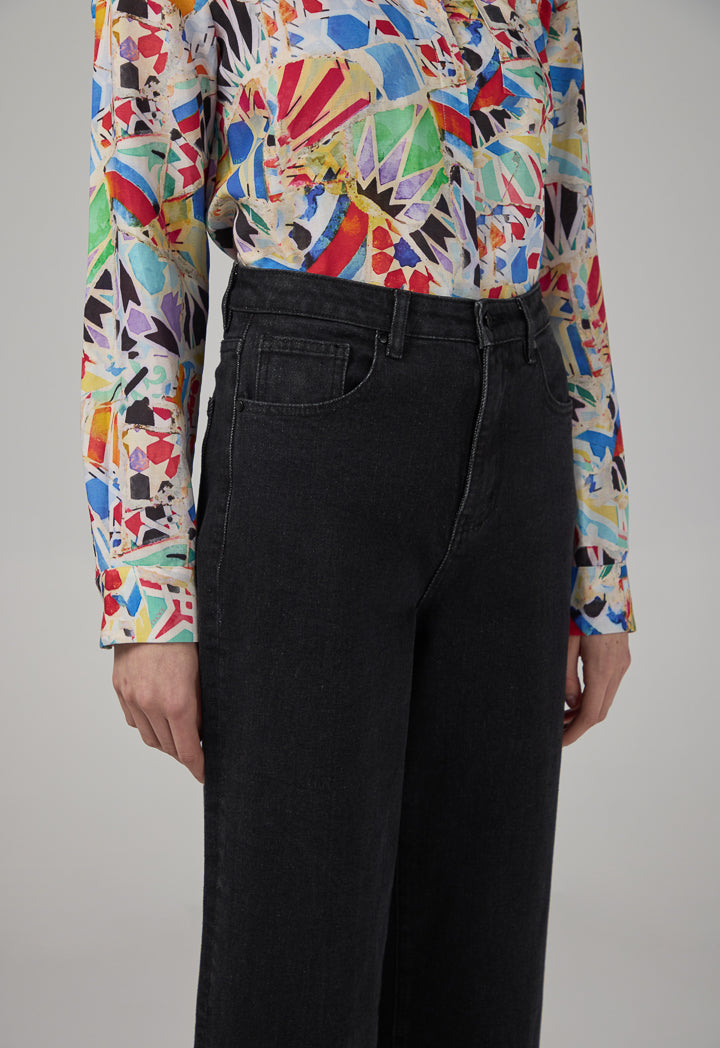 Choice Folded Hem Wide Leg Denim Trousers Black