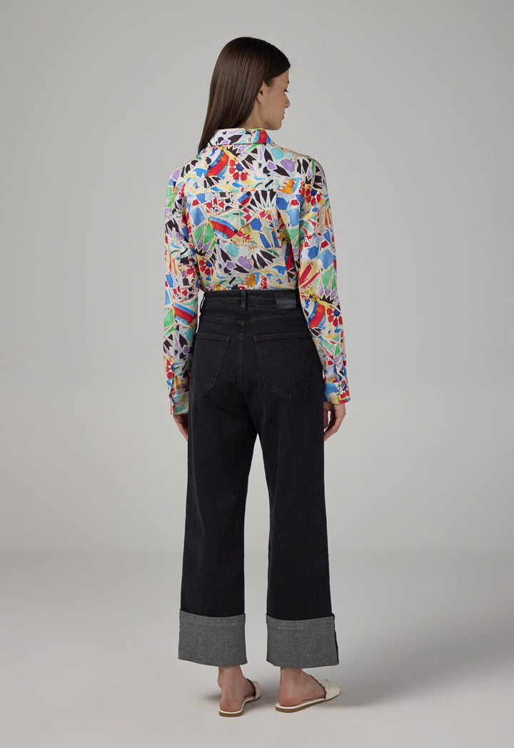 Choice Folded Hem Wide Leg Denim Trousers Black