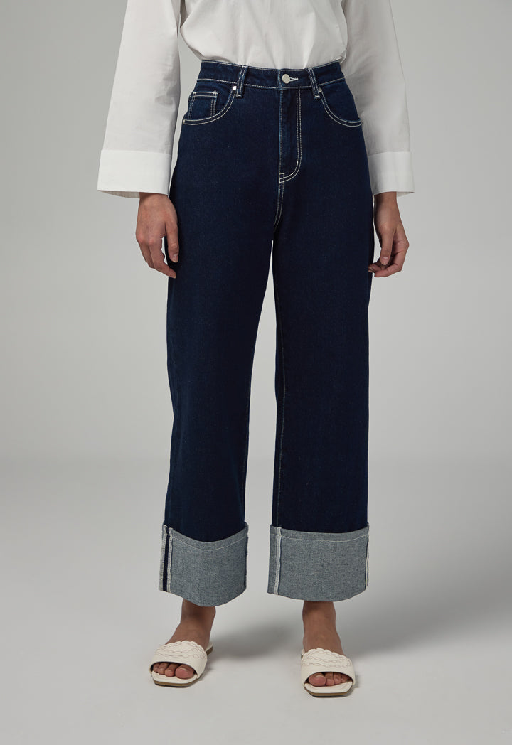 Choice Folded Hem Wide Leg Denim Trousers Indigo