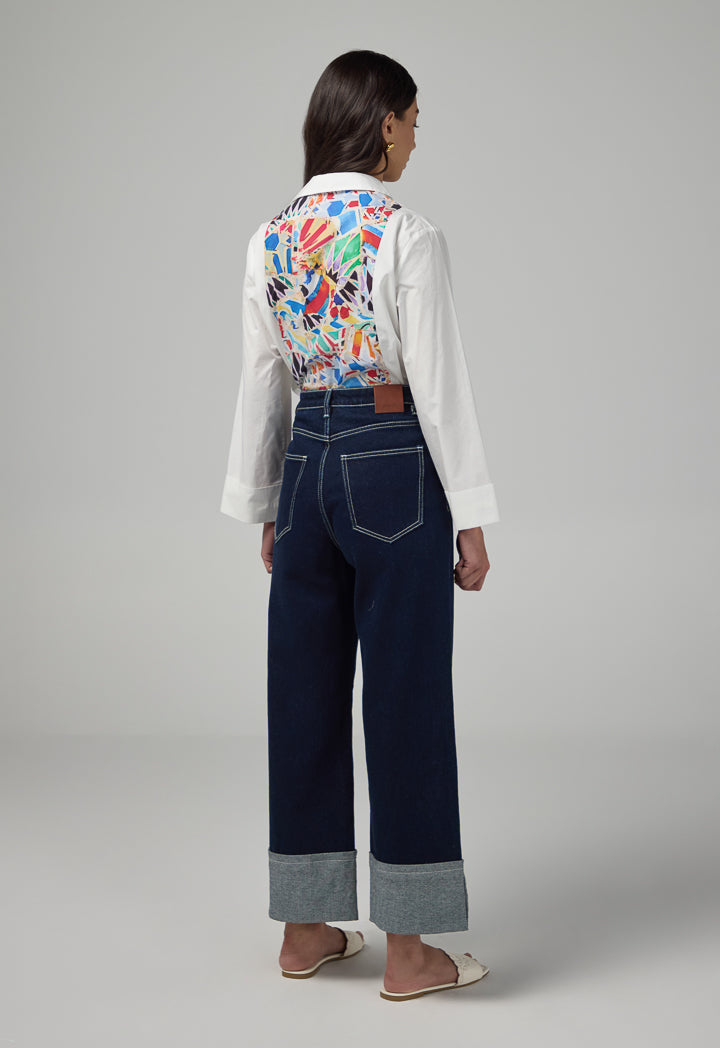 Choice Folded Hem Wide Leg Denim Trousers Indigo