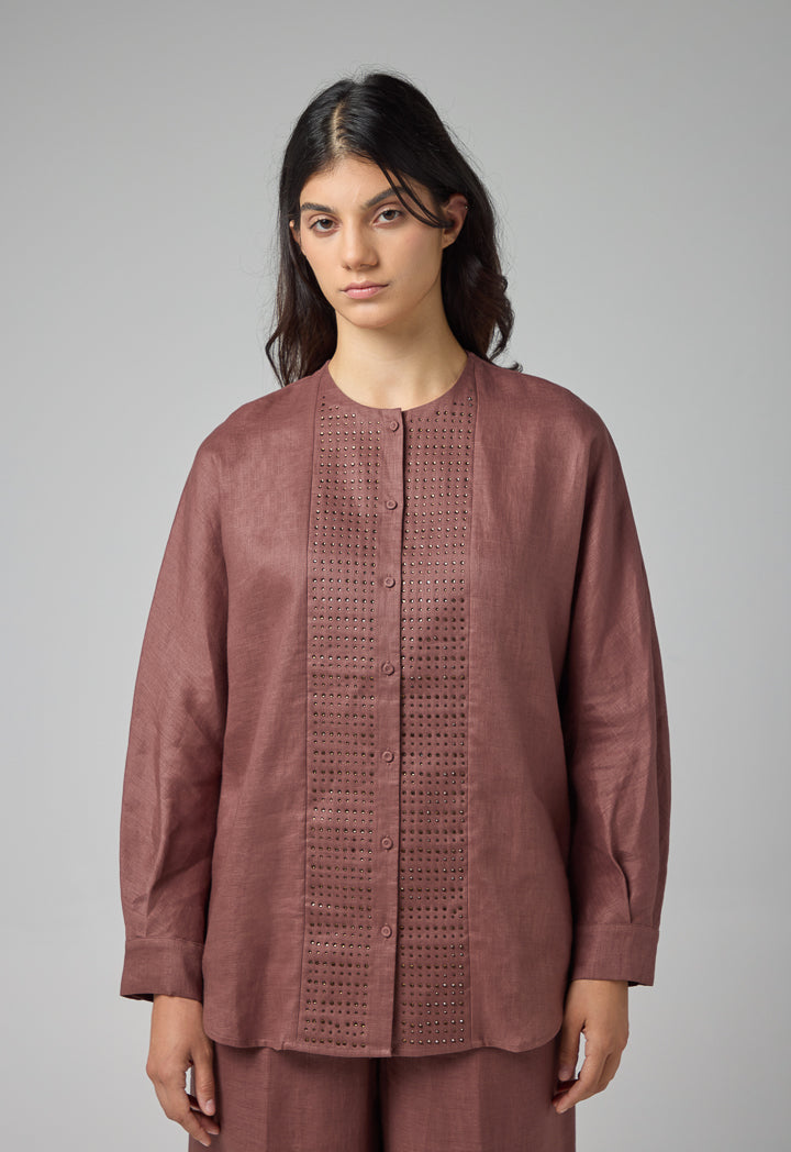 Choice Long Kimono Sleeves Linen Shirt Brown